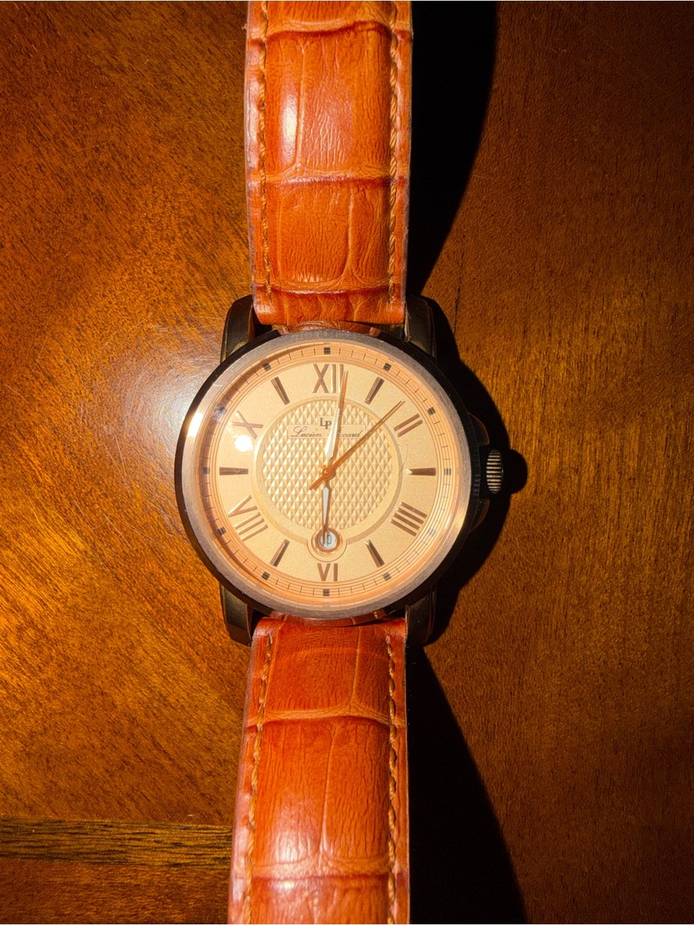 Lucien Piccard Men’s Quartz Watch - Textured Rose Gold Dial - Leather Strap